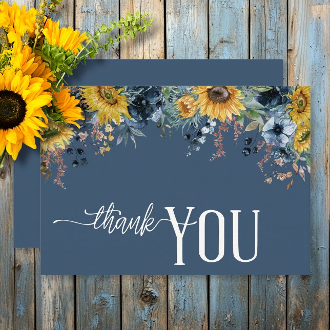 Rustic Dusty Blue Sunblommor Bröllop Tack Kort (Rustic Dusty Blue Sunflowers Wedding Thank You Card)