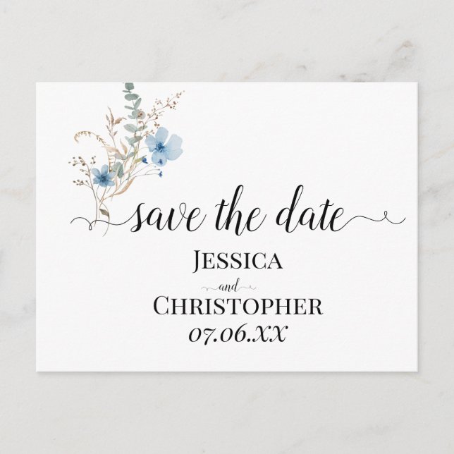 rustic dusty Blue watercolor flower bouquet Meddelande Vykort (Framsida)