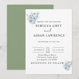 rustic dusty blue watercolor flowers & leaves inbjudningar