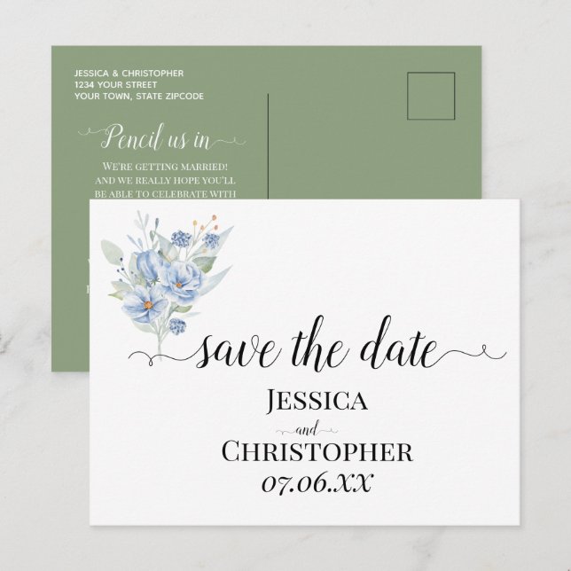 rustic dusty blue watercolor flowers & leaves meddelande vykort (Fram/baksida)