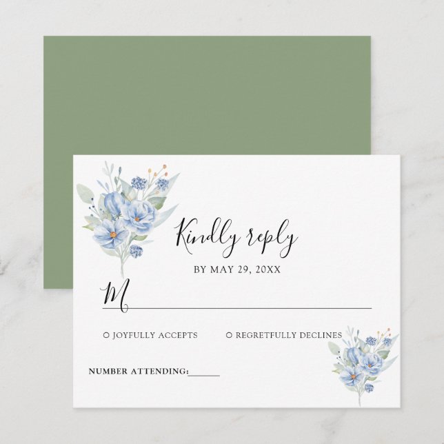 rustic dusty blue watercolor flowers & leaves OSA kort (Fram/baksida)