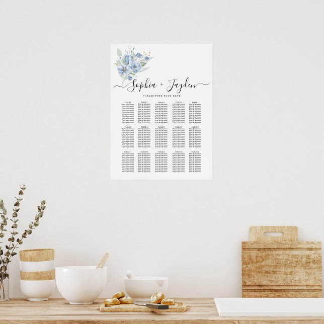 rustic dusty blue watercolor flowers & leaves poster (Kök)