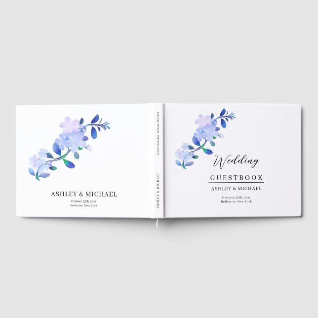 rustic dusty blue watercolor-style flower & leaves gästböcker (Full)