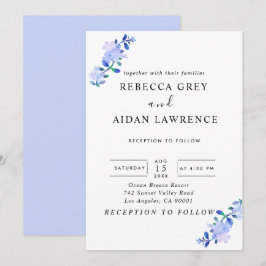 rustic dusty blue watercolor-style flower & leaves inbjudningar