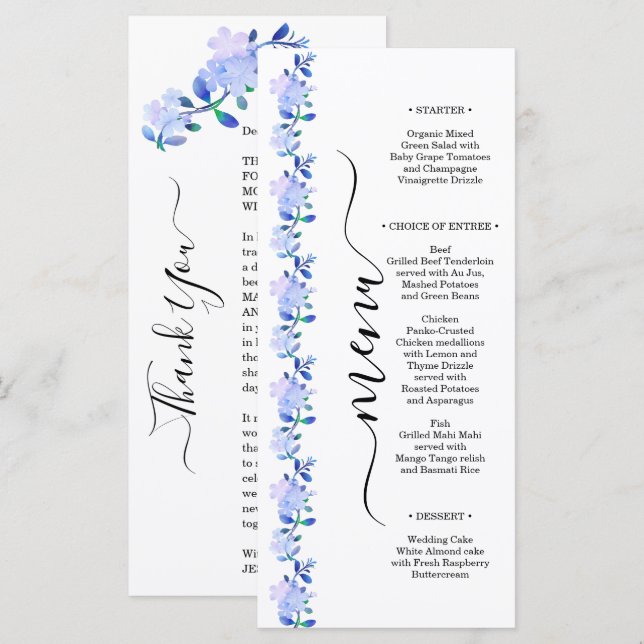 rustic dusty blue watercolor-style flower & leaves meny (Fram/baksida)