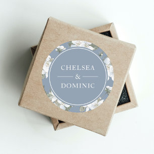Rustic Dusty Blue White Blommigt Bröllop Runt Klistermärke