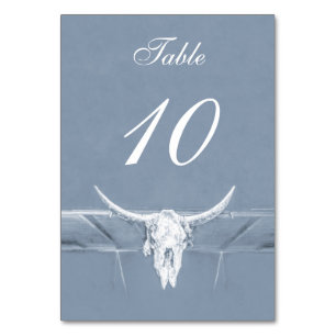 Rustic Dusty Blue White Western Cow Skull Bröllop Bordsnummer
