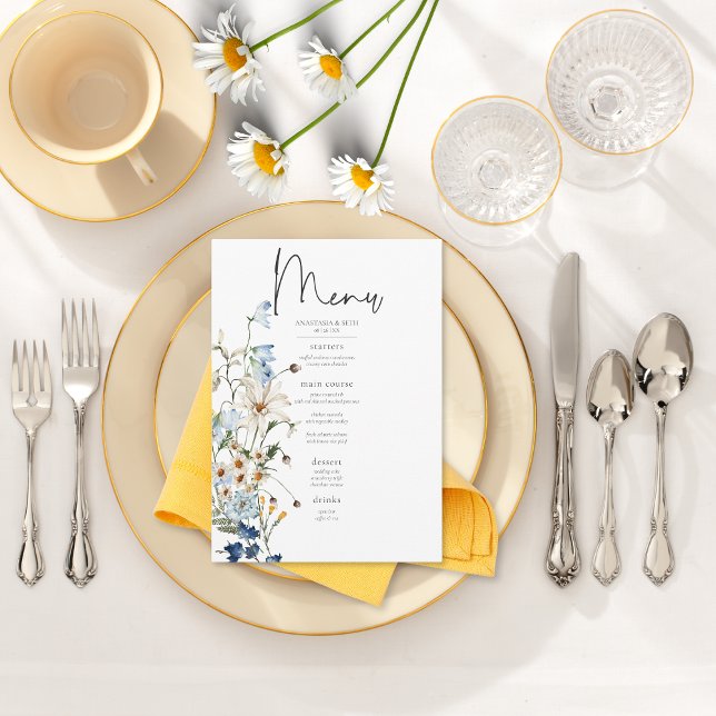 Rustic Dusty Blue Wildblommor & Daisy Bröllop Meny (Rustic Dusty Blue Wildflowers & Daisies Wedding Menu)