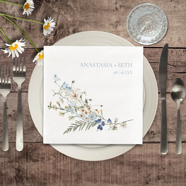 Rustic Dusty Blue Wildblommor & Daisy Bröllop Pappersservett (Rustic Dusty Blue Wildflowers & Daisies Wedding Dinner Napkin)