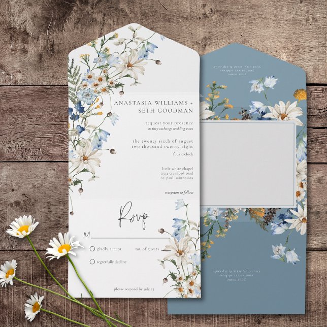 Rustic Dusty Blue Wildblommor & Daisy, ingen midda (Rustic Dusty Blue Wildflowers & Daisies All In One Wedding Invitation without Dinner Options)
