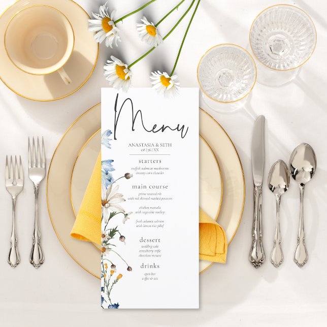 Rustic Dusty Blue Wildblommor & Daisy Long Meny (Rustic Dusty Blue Wildflowers & Daisies Long Wedding Menu)