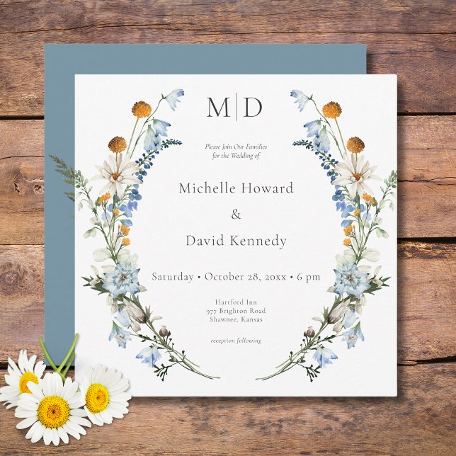 Rustic Dusty Blue Wildblommor & Daisy Square Inbjudningar (Rustic Dusty Blue Wildflowers & Daisies Square Wedding Invitation)