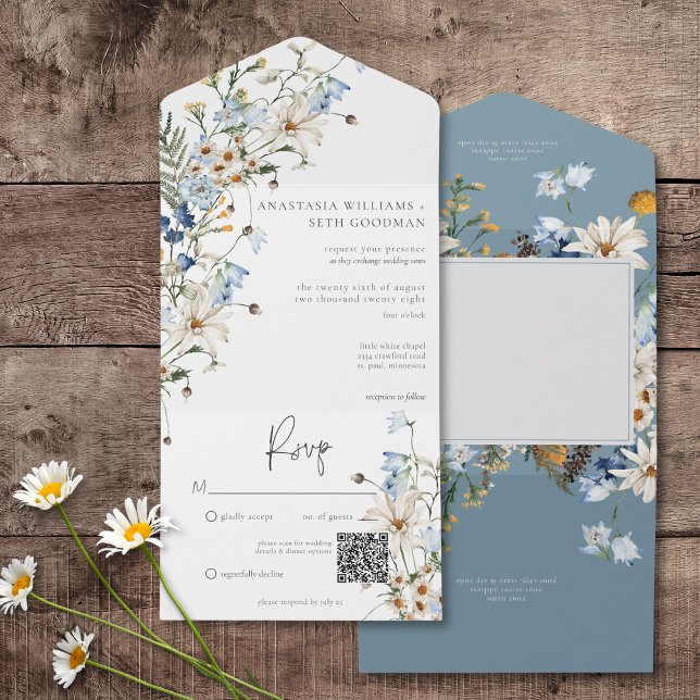 Rustic Dusty Blue Wildblommor & Daisys QR-kod (Rustic Dusty Blue Wildflowers & Daisies All In One Wedding Invitation with QR Code)