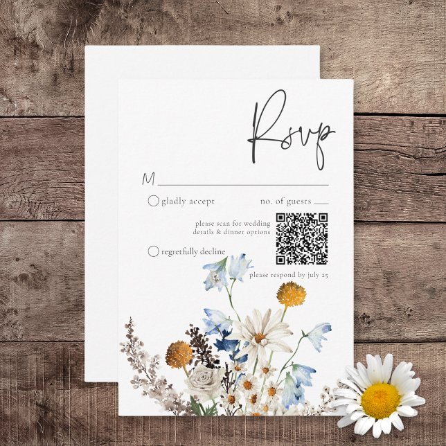 Rustic Dusty Blue Wildblommor & Daisys QR-kod OSA Kort (Rustic Dusty Blue Wildflowers & Daisies Wedding Response Card)