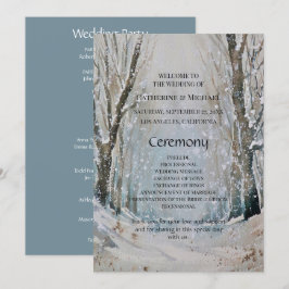 Rustic Dusty Blue Winter Forest Watercolor Bröllop Program