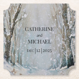 Rustic Dusty Blue Winter Forest Watercolor Bröllop Underlägg Papper Rund