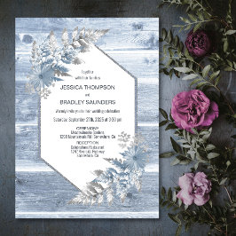 Rustic Dusty Blue Wood Botanical Bröllop Inbjudningar