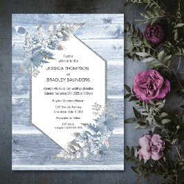 Rustic Dusty Blue Wood Botanical Bröllop Inbjudningar