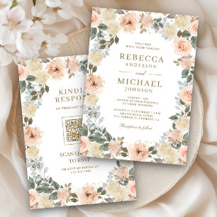 Rustic Dusty Peach-Blommigten QR-koden Bröllop Inbjudningar