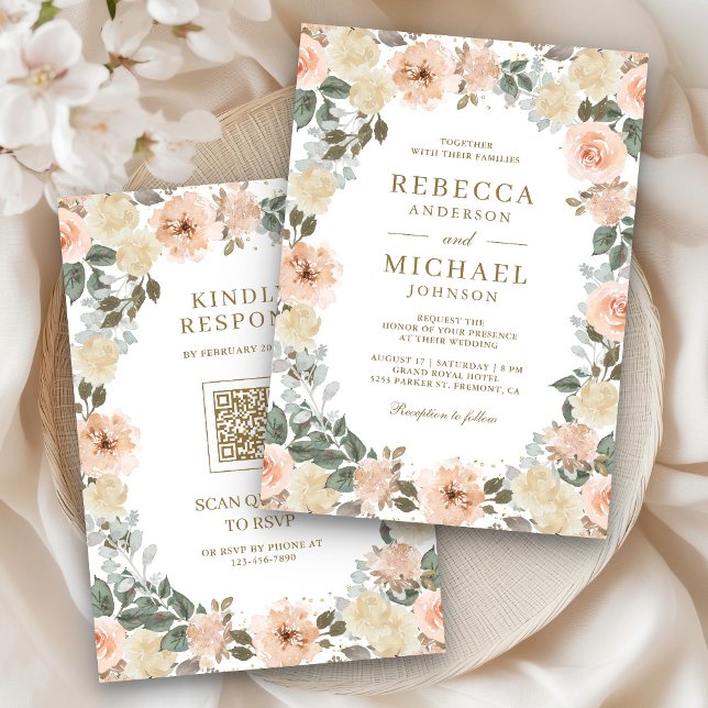 Rustic Dusty Peach-Blommigten QR-koden Bröllop Inbjudningar (Skapare uppladdad)