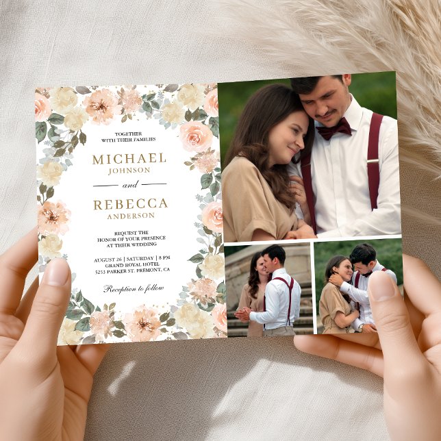 Rustic Dusty Peach Floral Photo QR Code Wedding Inbjudan (Skapare uppladdad)