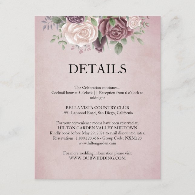 Rustic Dusty Ro Blommigt Bouquet-detaljkort Tilläggskort (Framsida)