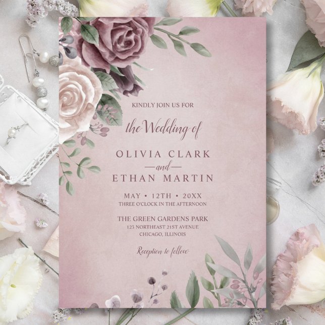 Rustic Dusty Ro Blommigt Bouquet-inbjudan till Ros Inbjudningar (Skapare uppladdad)