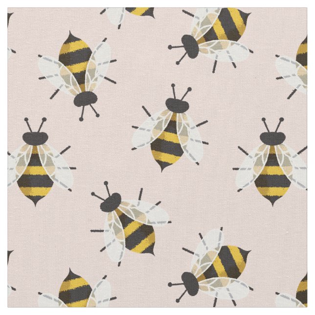 Rustic Dusty Ro Illustrated Bee Fabric Tyg (Närbild)