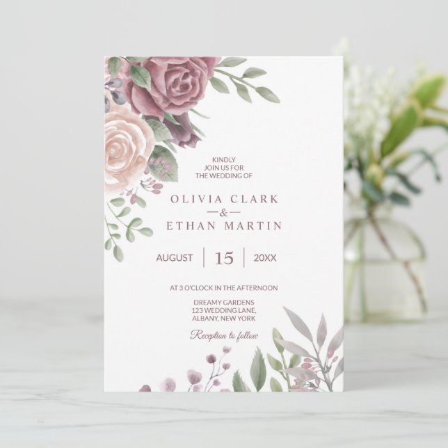 Rustic Dusty Ro Watercolor Blommigt Bouquet Inbjudningar (Stående Fram)