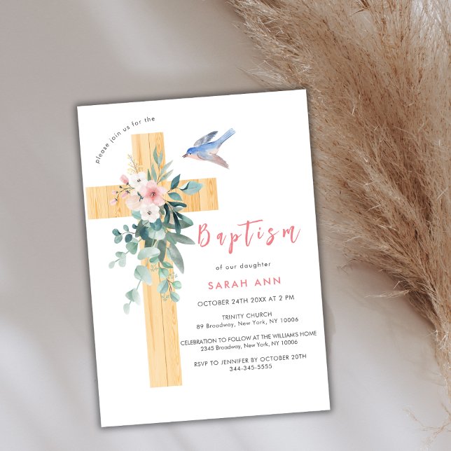 Rustic Dusty Rosa Blommigt Eucalyptus Kor Baptism Inbjudningar (Rustic Dusty Pink Floral Eucalyptus Cross Baptism Invitation)