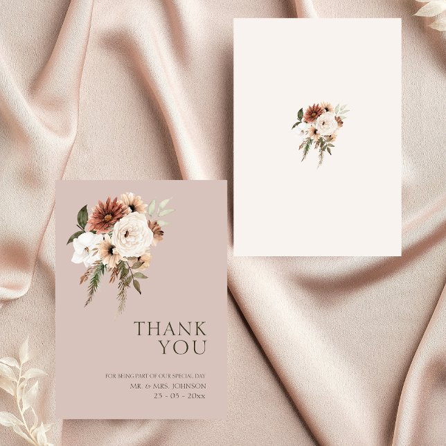 Rustic Dusty Rosa Grönt Blommigt Bröllop Tack Kort (Rustic Dusty Pink Green Floral Wedding Thank You)