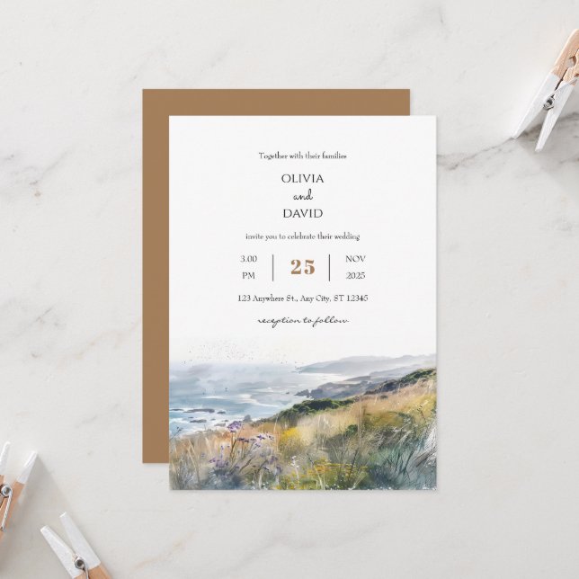 Rustic Dusty Windy Bluffs Ocean View-badbröllop Inbjudningar (Fram/Back In Situ)