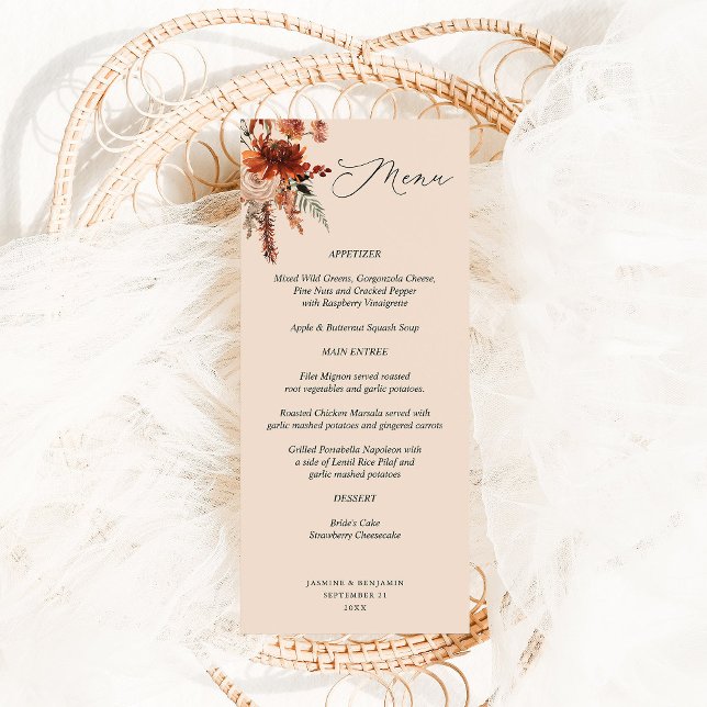 Rustic Earth & Champagne Blommigts - Beige Menu Meny (Skapare uppladdad)