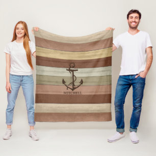 Rustic Earth Tone Wood Nautical ⚓ Rand & Anchor Fleecefilt