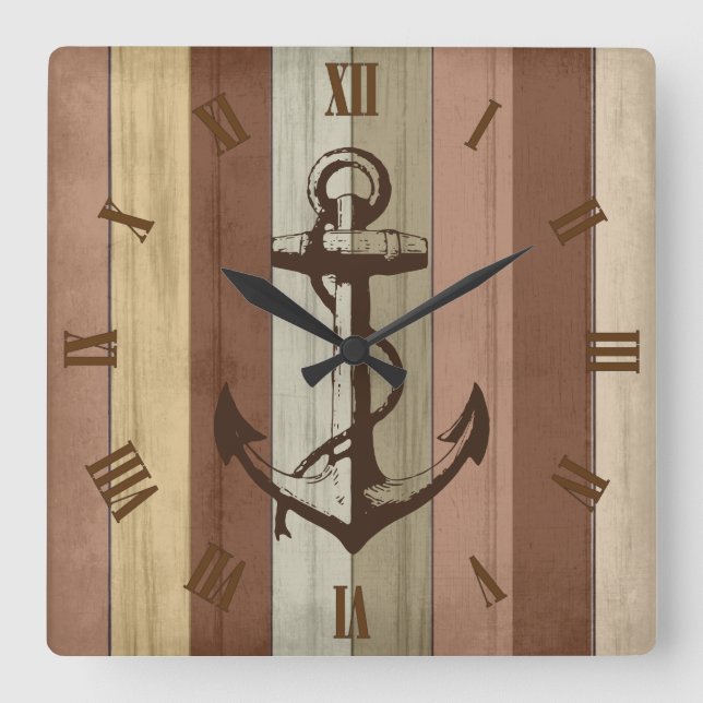 Rustic Earth Tone Wood Nautical Rand & Anchor Fyrkantig Klocka (Framsida)