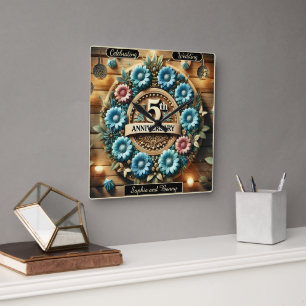 Rustic Elegance: Blommigt Circle Design för årsdag Fyrkantig Klocka