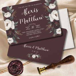 Rustic Elegance Burgundy Blommigt Bröllop Inbjudningar