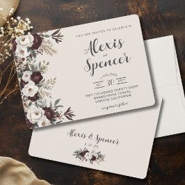 Rustic Elegance Burgundy Blommigt Bröllop Inbjudningar