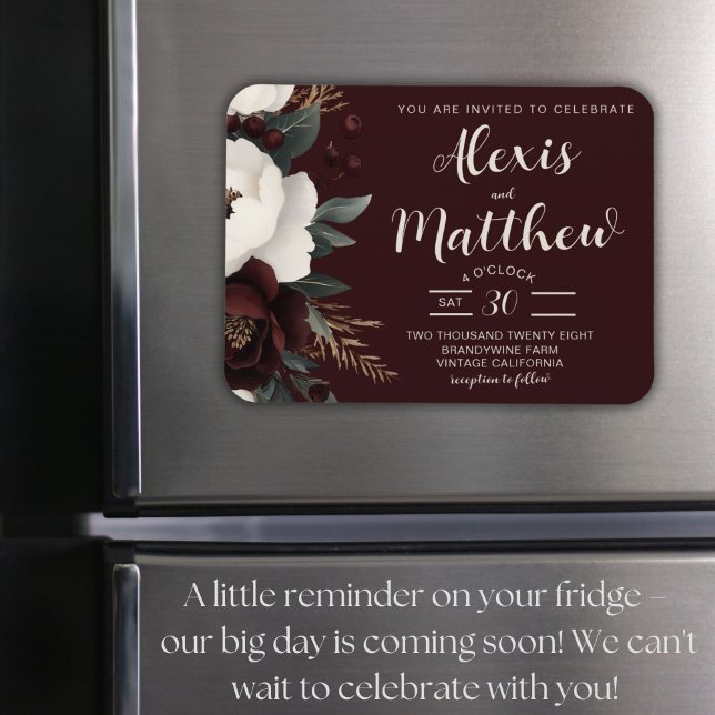 Rustic Elegance Burgundy Blommigt Bröllop Magnet (Rustic Burgundy Floral Wedding Magnet Invitation, Boho Chic, Elegant Winter Design)