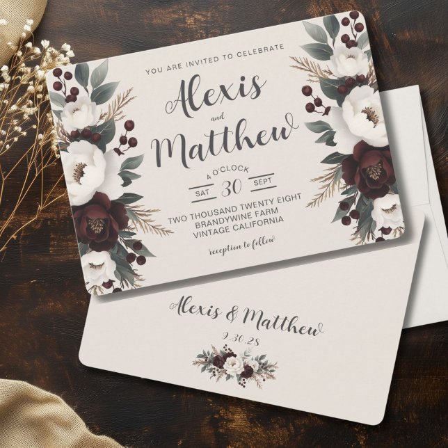Rustic Elegance Creme & Burgundy Blommigt Bröllop Inbjudningar (Boho Chic Floral Winter Wedding Invitation)