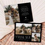 Rustic Elegance Photo Collage Bröllop Black Tack Kort<br><div class="desc">Rustic och elegant bröllop tackar dig för ett kort med en typografisk text som säger "tack" i ett teckensnitt som är blandat med skript och serif typsnitt. Den här mallen har 3 bilder längst fram och 1 längst bak. Bakgrunden färg är svart.</div>