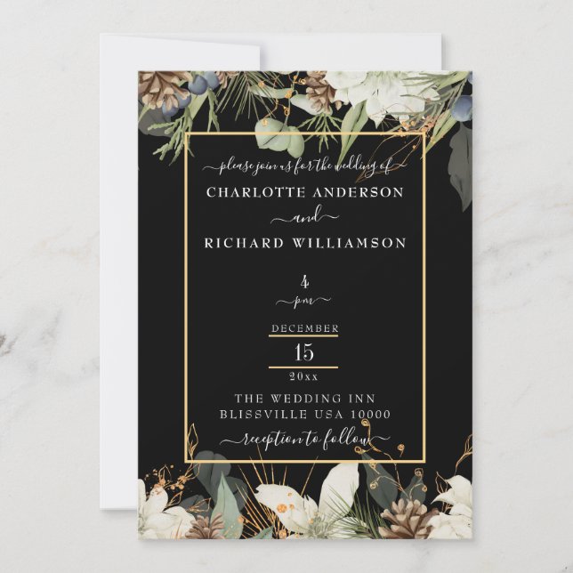 Rustic Elegance, Pinecone Gräns på Black Inbjudningar (Framsida)