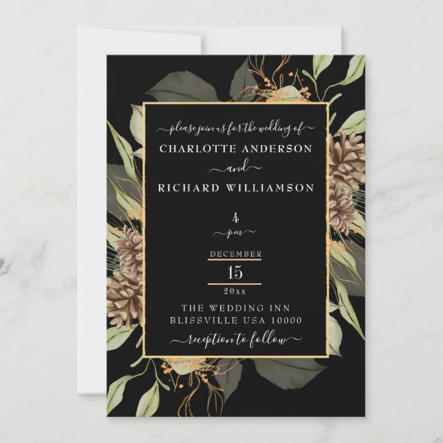 Rustic Elegance, Pinecone Ram på Black Inbjudningar (Framsida)