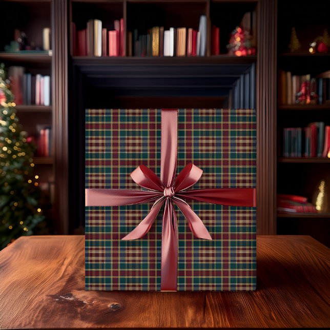 Rustic Elegance Plaid Cranberry Dk Blue Teal Green Presentpapper (Rustic Elegance Rich Dark Plaid in Cranberry Red, Dark Navy Blue and Dark Teal Green Wrapping Paper)