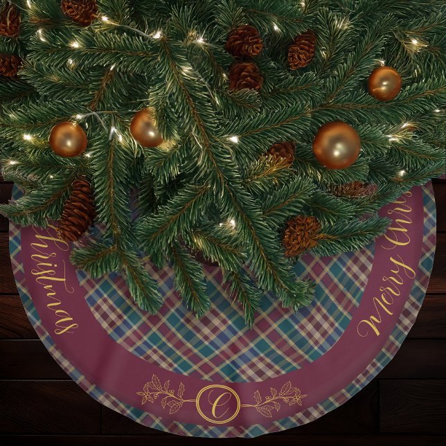 Rustic Elegance Play Cranberry Dk Blue Teal Grönt Julgransmatta Borstad Polyester (Elegant Gold Monogram Holly and Berries with Dark Rich Plaid Christmas Holiday Tree Skirt)
