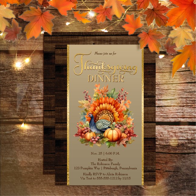 Rustic Elegance Pumpkin Blommigt | Thanksgiving av Inbjudningar (Rustic Elegance Pumpkin Floral and Faux Wood Thanksgiving Dinner Invitation)