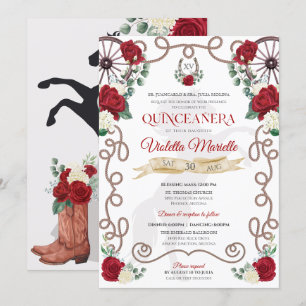 Rustic Elegance Röd ros Blommigt Charra Quinceañer Inbjudningar