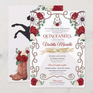 Rustic Elegance Röd ros Blommigt Charro Quinceaner Inbjudningar