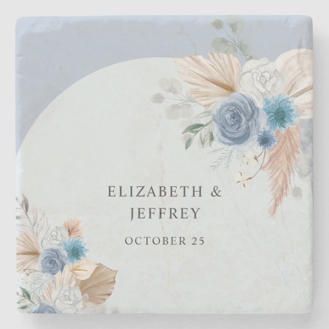 Rustic Elegant Boho Dusty Blue Pampas Bröllop Stenunderlägg (Framsidan)