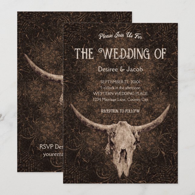 Rustic Elegant bröllop Brown Western Bull Skull Inbjudningar (Fram/baksida)